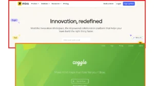 Homepage screenshots of Miro and Coggle, two free mind mapping tools used to create topical maps and plan content clusters visually.