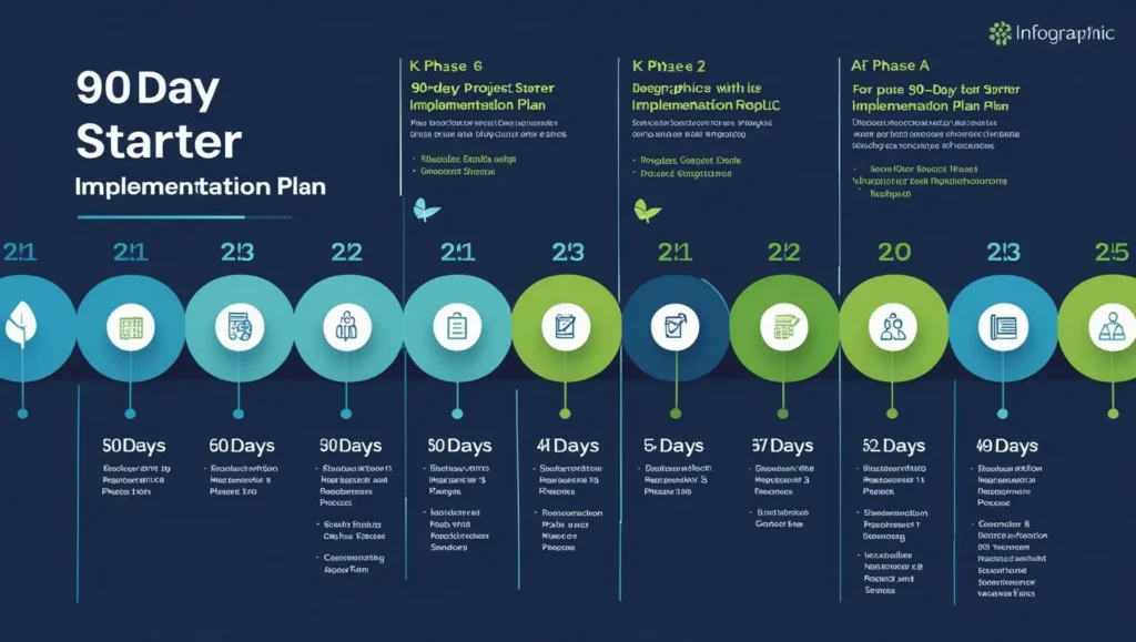 A visual representation of a 90-day starter implementation plan, organized in phases with specific goals, weekly actions, and milestones for content writing career growth.
