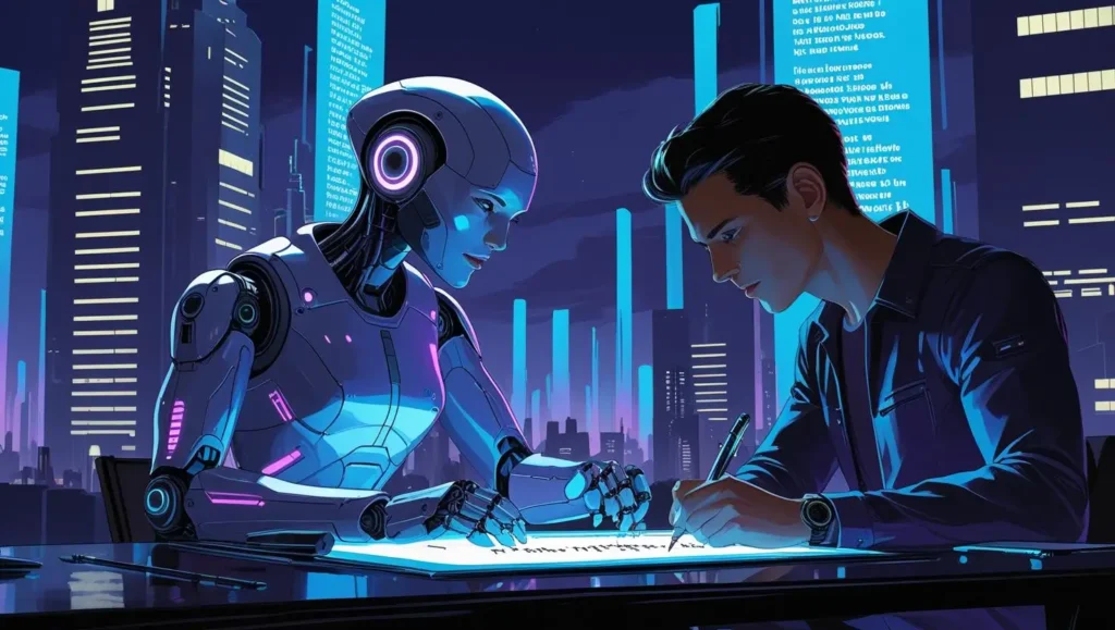 A futuristic illustration of a human writer and a robot collaborating over a piece of content, with a cityscape and glowing digital data in the background.