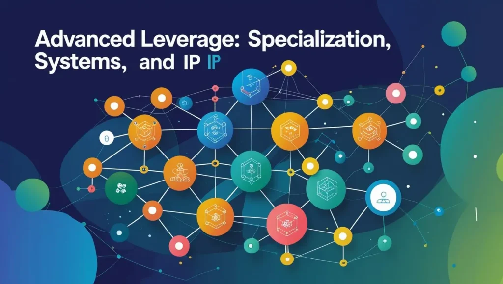 A visual representation of advanced leverage concepts such as specialization, systems, and intellectual property (IP), with interconnected circles and icons symbolizing different aspects of growth in content writing.