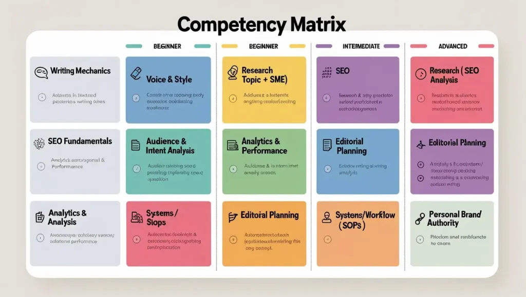 A competency matrix showing the evolution of skills at different stages of content writing career development, from beginner to advanced.