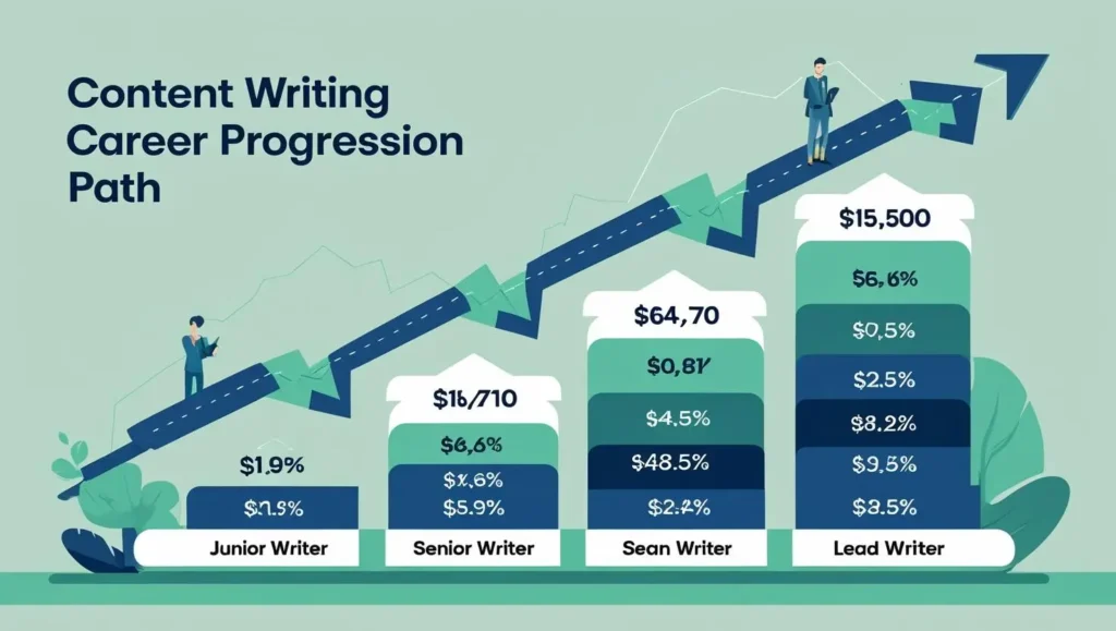 A visual representation of the content writing career progression path, showing income and rate growth as writers advance in their careers.