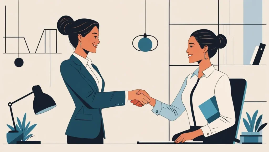 A flat-style illustration of two women in an office setting, shaking hands in a professional environment.