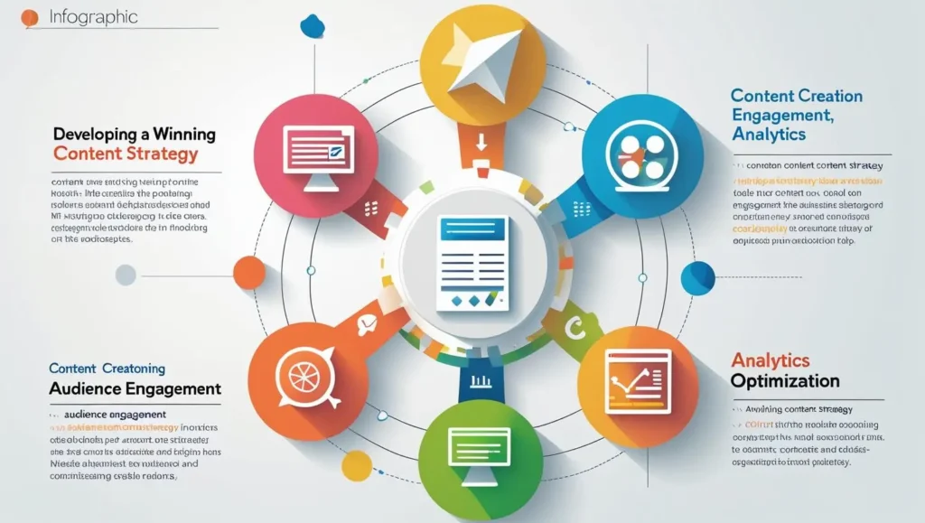 Infographic showing six key components of building a winning content strategy, including content creation, audience engagement, analytics, optimization, and strategic planning, illustrated with colorful icons around a central document.
