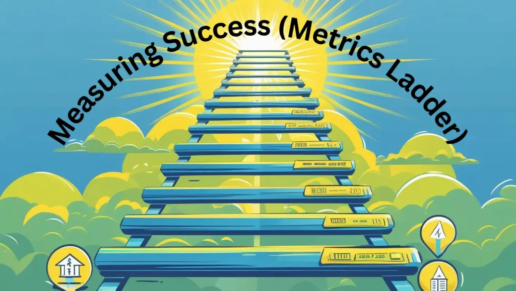 A colorful illustration depicting a ladder labeled with different content performance metrics like visibility, engagement, and conversion influence, against a bright sky and sunburst background.