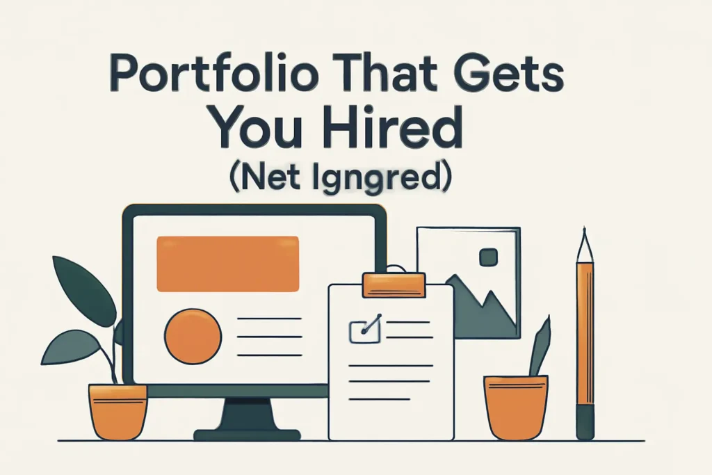 A minimalist flat-style digital illustration featuring a computer monitor, clipboard, plant, and pencil, with the text "Portfolio That Gets You Hired (Not Ignored)" prominently displayed